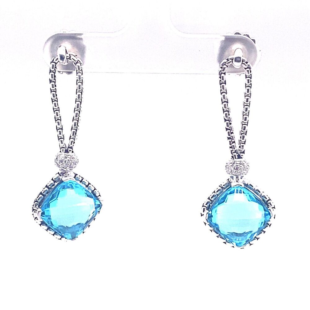 David Yurman Sterling Silver Blue Topaz Cushion on Point Diamond Earrings